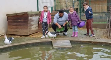 3 enfant et leur animateurs sont devant la mare des canards