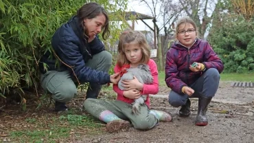 une enfant porte un coq entourée de son animatrice et d'une autre enfant