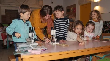 un groupe d'enfant et leur animatrice regardent des pierres avec des loupes binoculaires