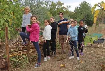 un groupe d'enfants et leur animateur mettent du bois en tas