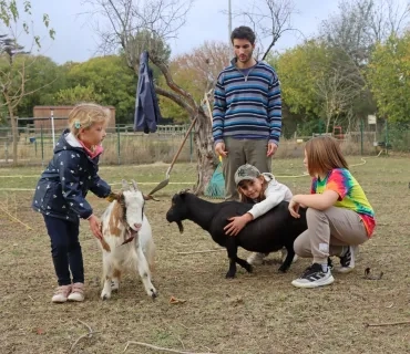 un groupe d'enfants et leur animateur caressent des chèvres