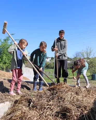 Un groupe d'enfants et leur animatrice cherchent dans la paille avec des balais