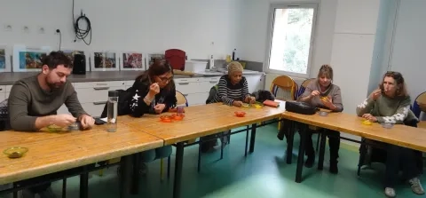 Les participants goûtent 2 compotes, une est colorée par du colorant, l'autre non.