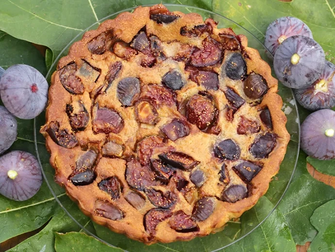 Un clafoutis est posé sur des feuilles de figuier, entouré de figues