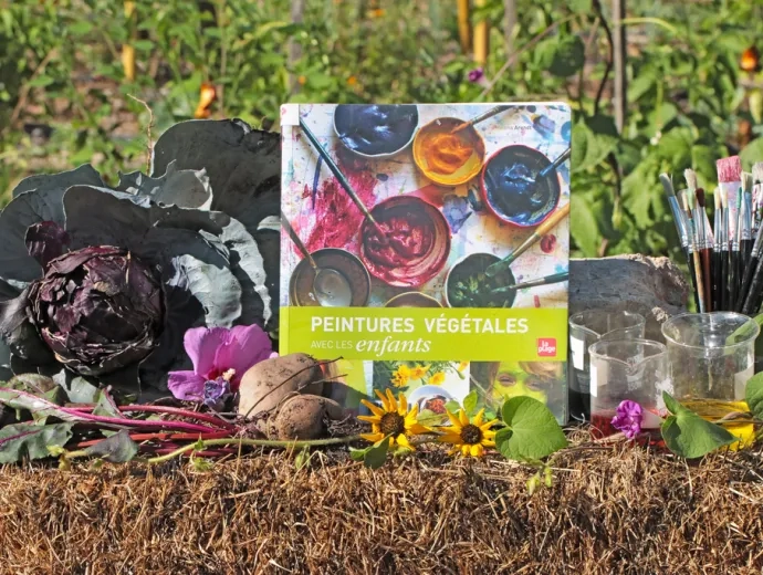 Le livre Peintures végétales avec les enfants est présenté sur une botte de paille, entouré de légumes et plantes colorés et d'un pot de pinceaux