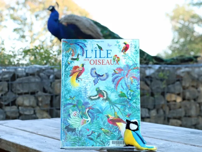 L'album L'ile aux oiseaux est présenté sur une table de pique-nique et un paon apparaît sur le muret en arrière plan