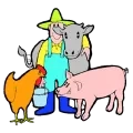 Illustration d'un fermier souriant tenant un seau, avec un bras posé sur l'encolure d'une vache et entouré d'une poule et d'un cochon