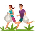 Illustration d'un homme et d'une femme en train de courir portant des sacs poubelle