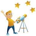 Illustration d'un enfant avec un télescope et trois étoiles