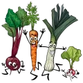 Illustration de légumes personnifiés souriants : navet, carotte, poireau et radis