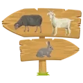 Illustration de deux panneaux en bois sur lesquels il y a un mouton, une chèvre et un lapin