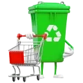 Illustration d'une poubelle verte avec le logo du recyclage qui pousse un chariot de supermarché