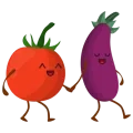 Illustration d'une tomate personnifiée tenant par la main une aubergine personnifiée