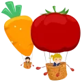 Illustration de deux montgolfières avec un enfant dans chaque, une avec une tomate comme ballon et l'autre une carotte