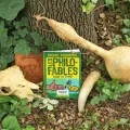 Le livre Les philo-fables est exposé au pied d'un arbre entouré d'une calebasse, d'un crâne d'animal et d'autres éléments naturels