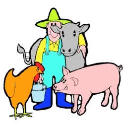 Illustration d'un fermier souriant tenant un seau, avec un bras posé sur l'encolure d'une vache et entouré d'une poule et d'un cochon