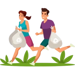 Illustration d'un homme et d'une femme en train de courir portant des sacs poubelle