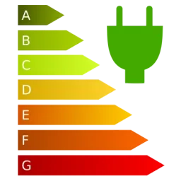 Illustration de l'éfficaté énergétique avec des barres fléchées de A à G verte à rouge les unes au dessus des autres et une prise