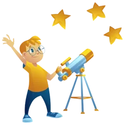 Illustration d'un enfant avec un télescope et trois étoiles