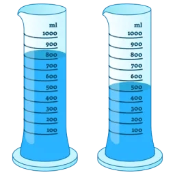 Illustration de 2 éprouvettes graduées remplies d'eau : 1 avec 800 ml et 1 avec 500 ml