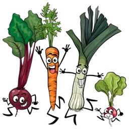 Illustration de légumes personnifiés souriants : navet, carotte, poireau et radis