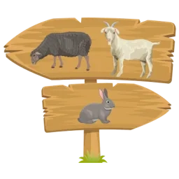 Illustration de deux panneaux en bois sur lesquels il y a un mouton, une chèvre et un lapin