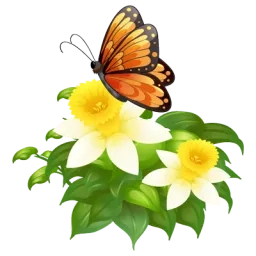 Illustration d'un papillon sur une plante avec deux fleurs blanches et jaunes