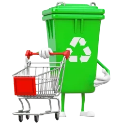 Illustration d'une poubelle verte avec le logo du recyclage qui pousse un chariot de supermarché