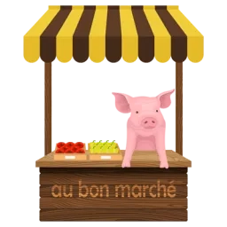 Illustration d'un stand de maraîcher tenu par un cochon