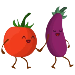 Illustration d'une tomate personnifiée tenant par la main une aubergine personnifiée