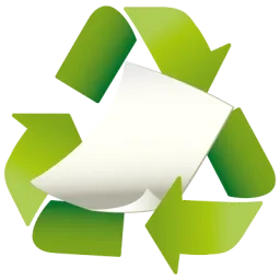 Logo du recyclage ou boucle de Möbius (trois flèches formant un triangle symbolisant un cycle sans fin de recyclage) avec une illustration de feuille de papier au milieu