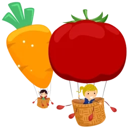 Illustration de deux montgolfières avec un enfant dans chaque, une avec une tomate comme ballon et l'autre une carotte