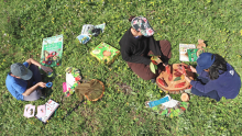 Un enfant, entouré de documents d'identification de petites bêtes, observe des insectes avec une loupe pendant que 2 autres enfants, disposant de livres sur les arbres, jouent aux cartes avec des feuilles d'arbres