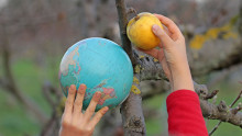 Deux mains d'enfants tiennent une pomme et un globe terrestre