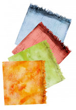 Carrés de tissus teints en orange, vert, rouge et bleu