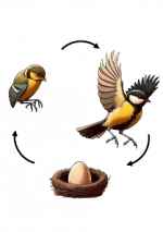 Le cycle est représenté par un cercle symbolisé par trois flêches courbées entre lesquelles se trouvent un nid avec un oeuf, un oisillon et une mésange adulte prenant son envol
