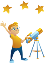 Illustration d'un enfant avec un télescope et trois étoiles