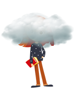 Illustration d'une petite avec un livre dans une main et la tête dans un nuage