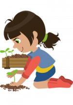 Illustration d'un fillette en train de planter une plante et d'un bac contenant des plants
