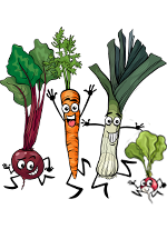 Légumes personnifiés : navet, carotte, poireau et radis