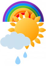 Illustrations d'un arc en ciel, d'un soleil et d'un nuage avec deux gouttes d'eau