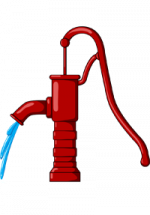 Illustation d'une pompe à eau manuelle rouge avec de l'eau qui en coule
