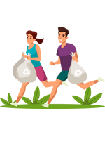 Illustration d'un homme et d'une femme en train de courir portant des sacs-poubelle