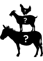 Silhouette de poule sur une silhouette de chèvre sur une silhouette d'ane