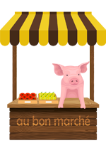 Illustration d'un stand de maraîcher tenu par un cochon