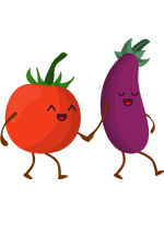Illustration d'une tomate personnifiée tenant par la main une aubergine personnifiée 