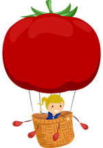 Illustration d'une montgolfière avec une tomate comme ballon et une filette dans la nacelle