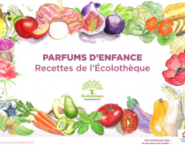 Couverture du livre de recettes avec des illustrations de fruits et légumes entourant le titre