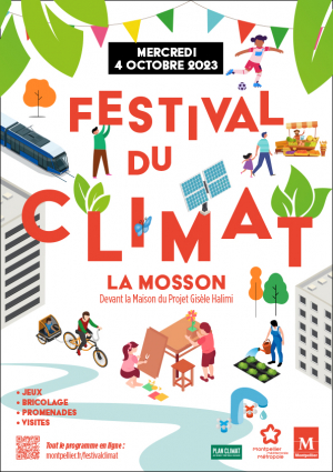 Affiche du Festival du climat avec le titre et des dessins montrant quelques ecogestes à faire