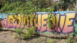 Un mur avec un tag coloré avec écrit « Écolothèque »